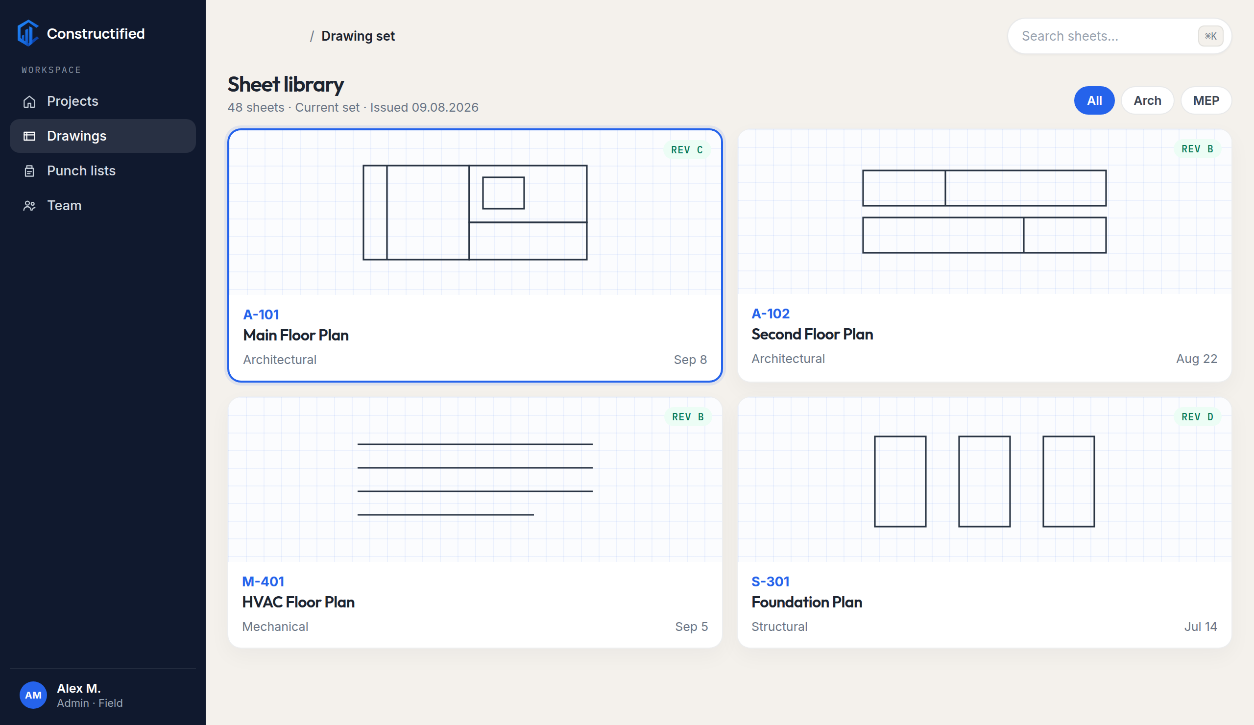 Sheet library for a fictional demo project, showing the current set