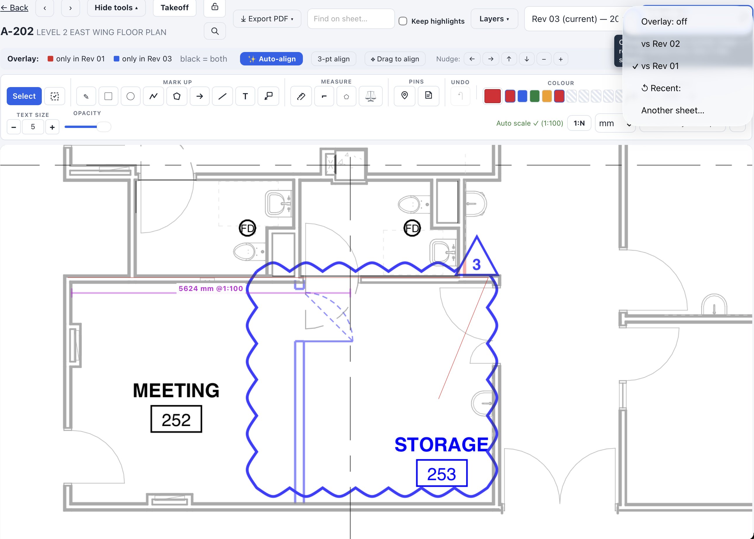 Revision overlay on sheet A-202 in a fictional demo set, with the revision picker open