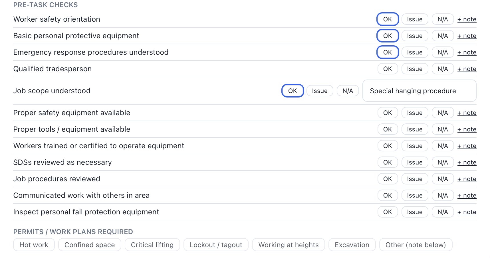 Pre-task checks with OK, Issue, N/A and a note