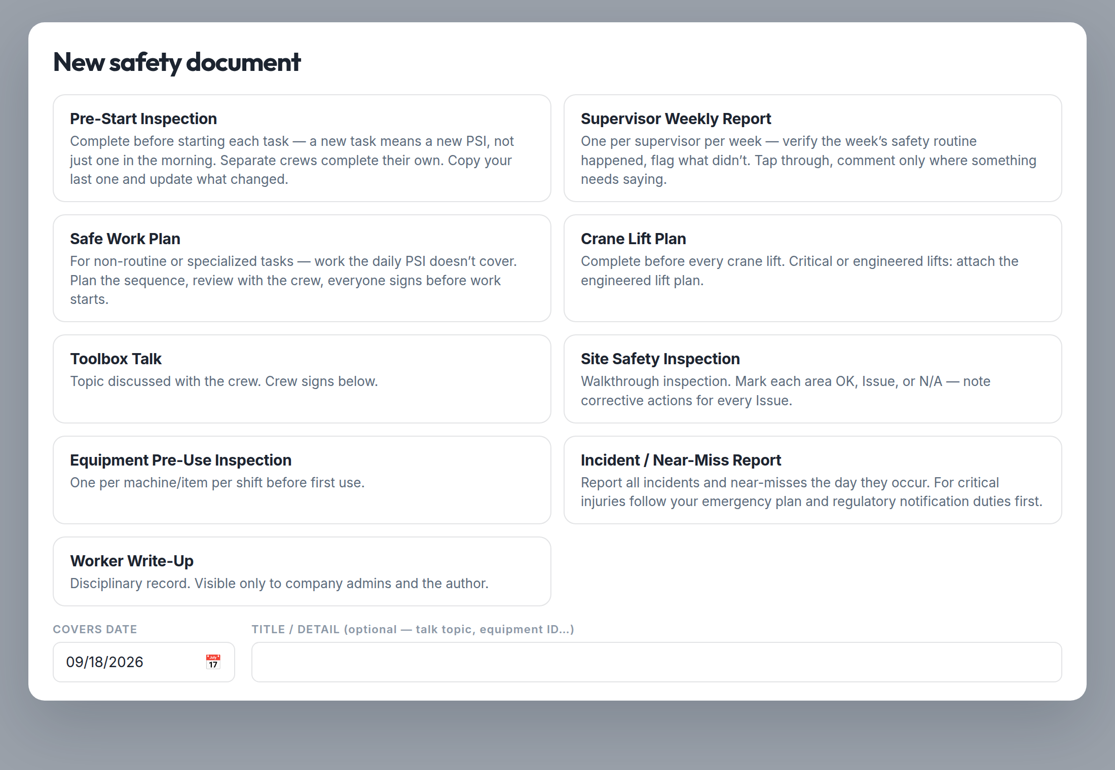 Safety document picker with the nine built-in forms