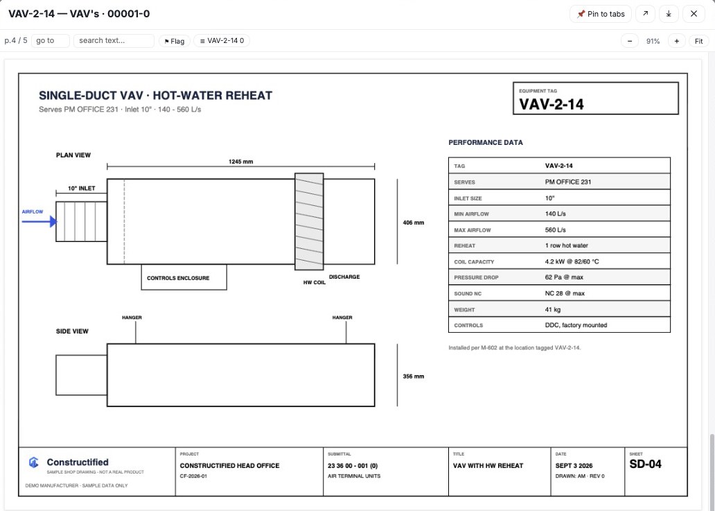 VAV-2-14 shop drawing opened from the tag
