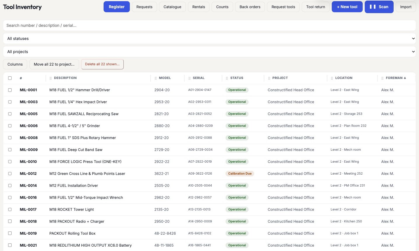 Tool Inventory register for the fictional Constructified Head Office demo project
